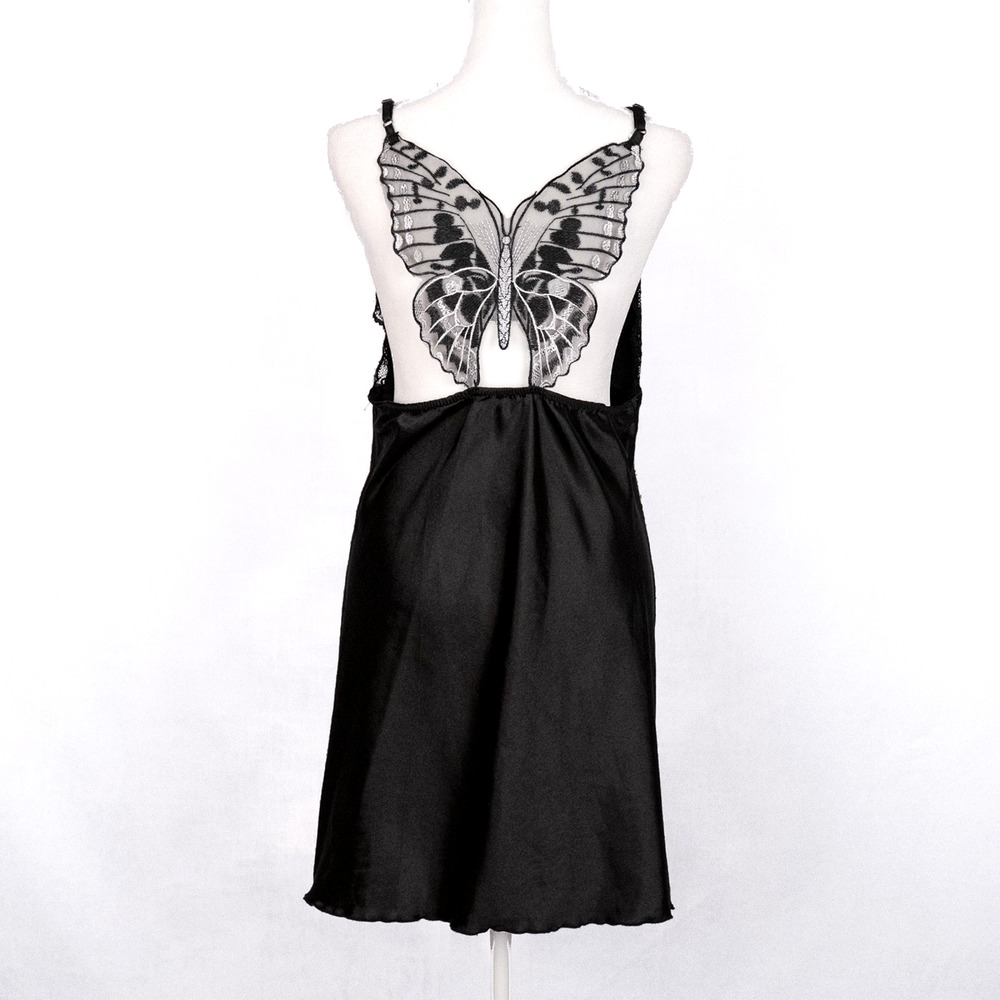 Black Satin Slip Dress Sheer Butterfly Lace LARGE Fairycore Whimsigoth Romantic - Picture 2 of 6
